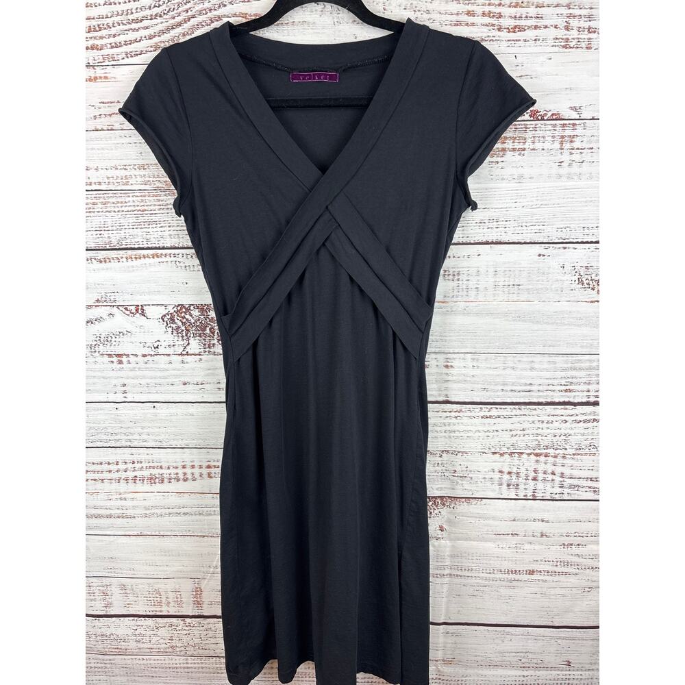 Womens VELVET Black Knit Midi Dress Cotton Stretch Flowy V-Neck Cap Sleeve Sz S
